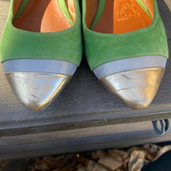 Schutz Cap Toe Flats Women Green Gold Size 9 - Picture 7 of 10